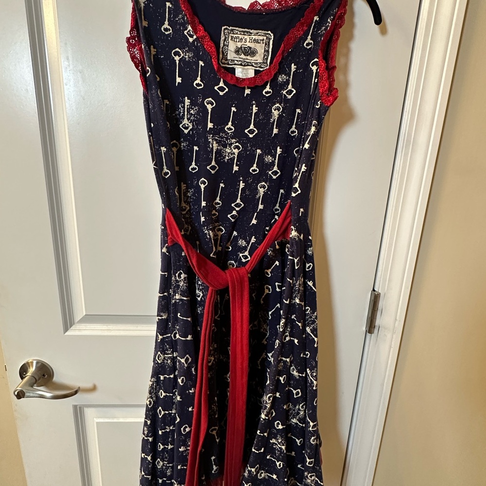 Effie’s Heart Navy Key Print Dress with Red Accents size L